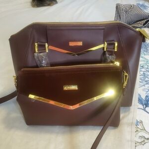 Joy & Iman Leather Chocolate Satchel and Crossbody Bag Set with Gold Accents